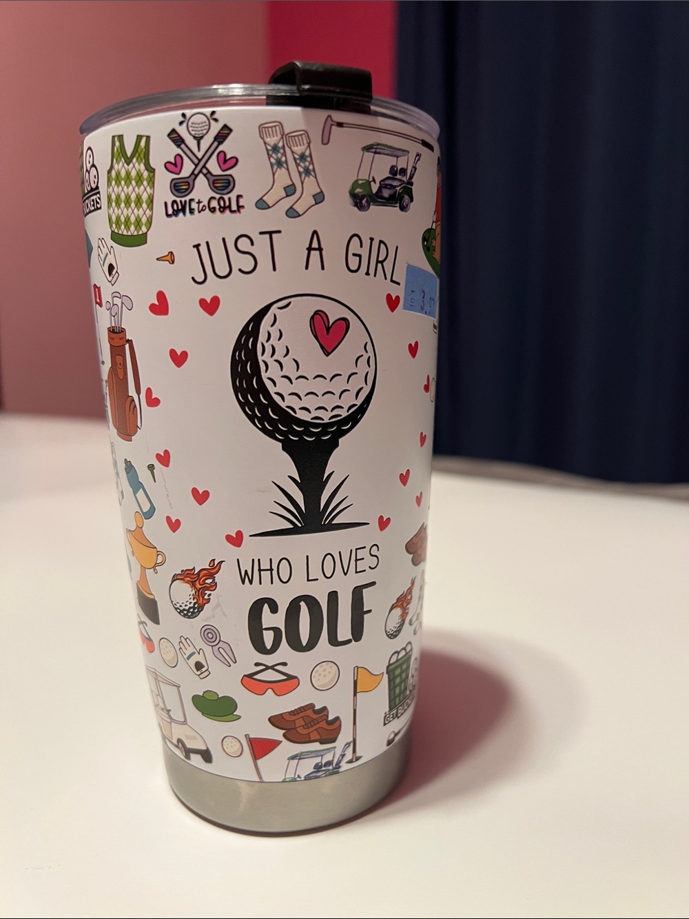 Just A Girl Who Loves Golf Travel Tumbler - White with Multicolor Golf Graphics
